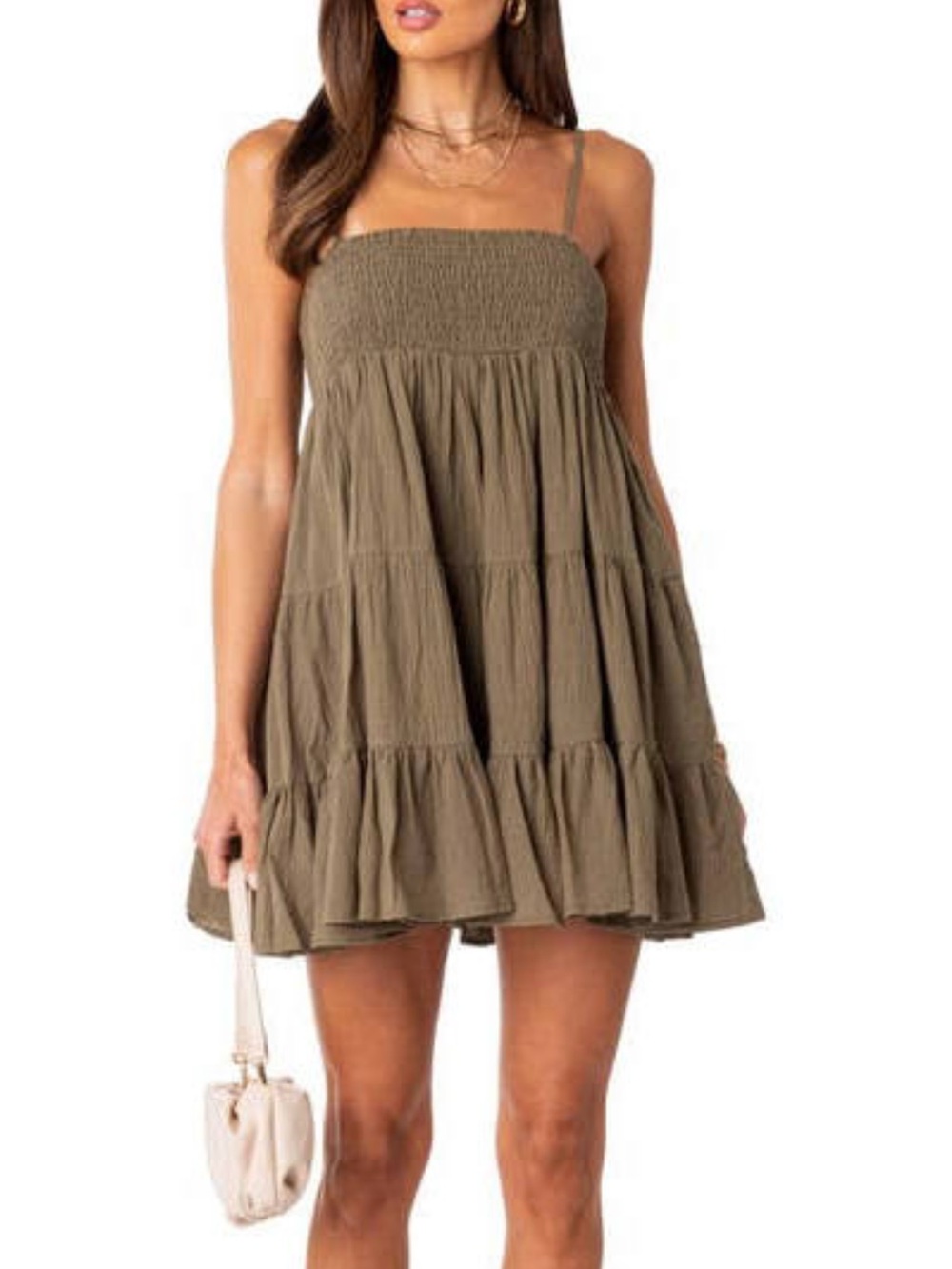 Edikted Olive Smocked Tiered Mini Dress